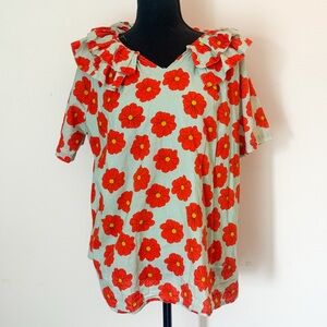 Victoria Dunn Red Floral Blouse with Ruffles